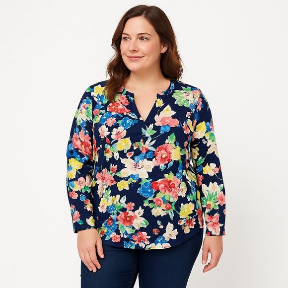Lauren Ralph Lauren Split‑Neck Floral Tunic Blouse 3X Plus Women Navy Multicolor - Picture 1 of 9